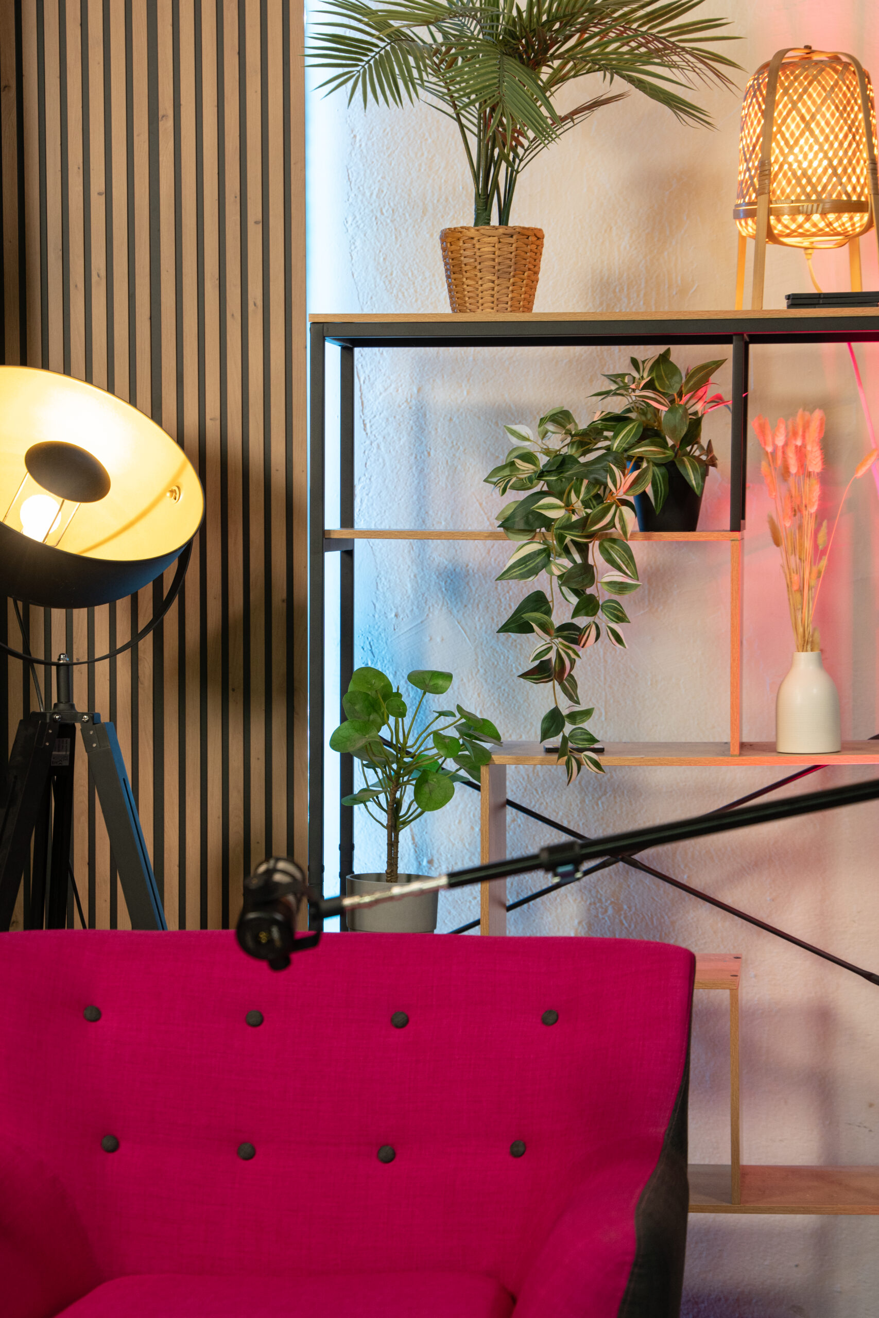 Vue d'ensemble du studio podcast i3a à Lyon avec fauteuils, micros et éclairage